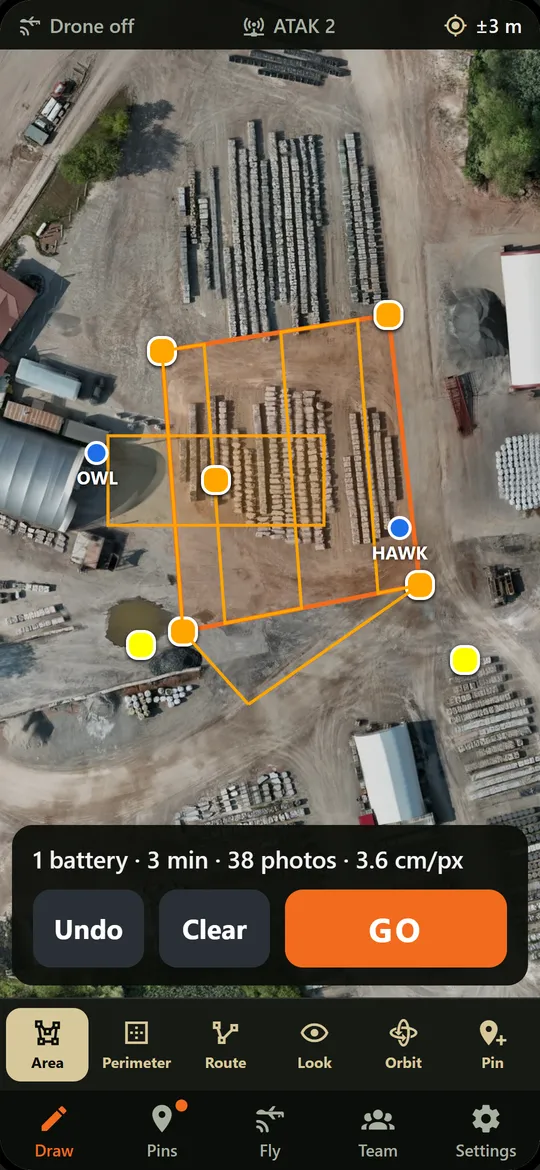 Phone screen: an area outlined on an aerial photo with planned flight lines and '1 battery, 3 min, 38 photos'.