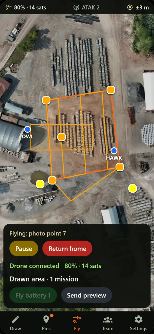 Phone screen mid-flight: 'Flying: photo point 7' with Pause and Return home buttons.