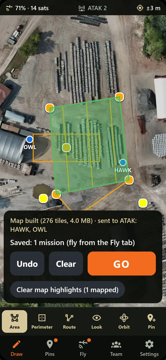 Phone screen: the area shaded green as mapped, with 'Map built, sent to ATAK: HAWK, OWL'.